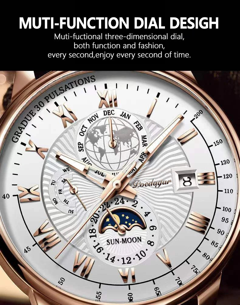 Roman Numeral Full Calendar Watch – Stainless Steel Bracelet with Stopwatch