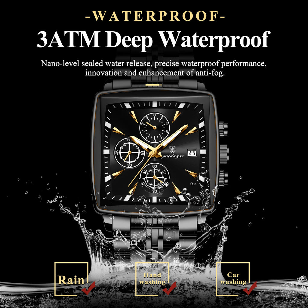 Square Chronograph Watch – Luminous Numberless Dial with Hidden Clasp Bracelet