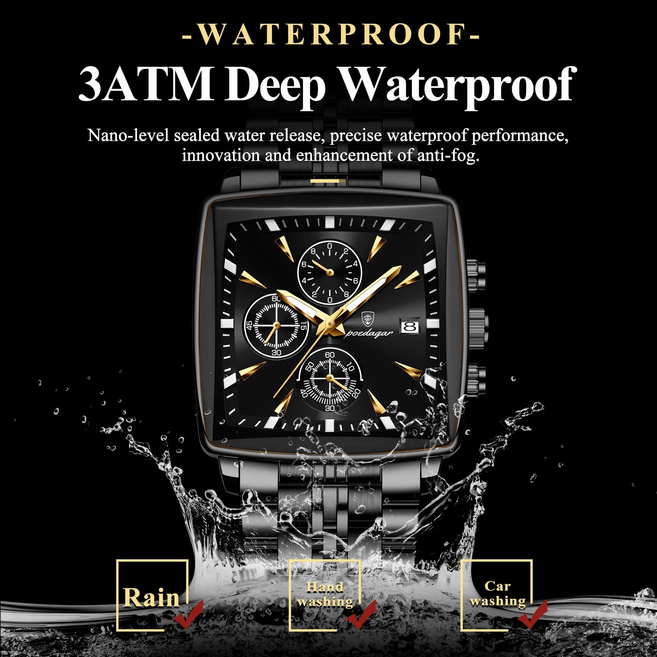 Square Chronograph Watch – Luminous Numberless Dial with Hidden Clasp Bracelet