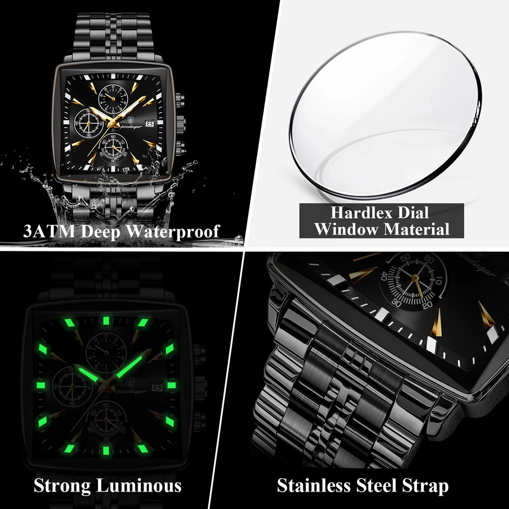 Square Chronograph Watch – Luminous Numberless Dial with Hidden Clasp Bracelet