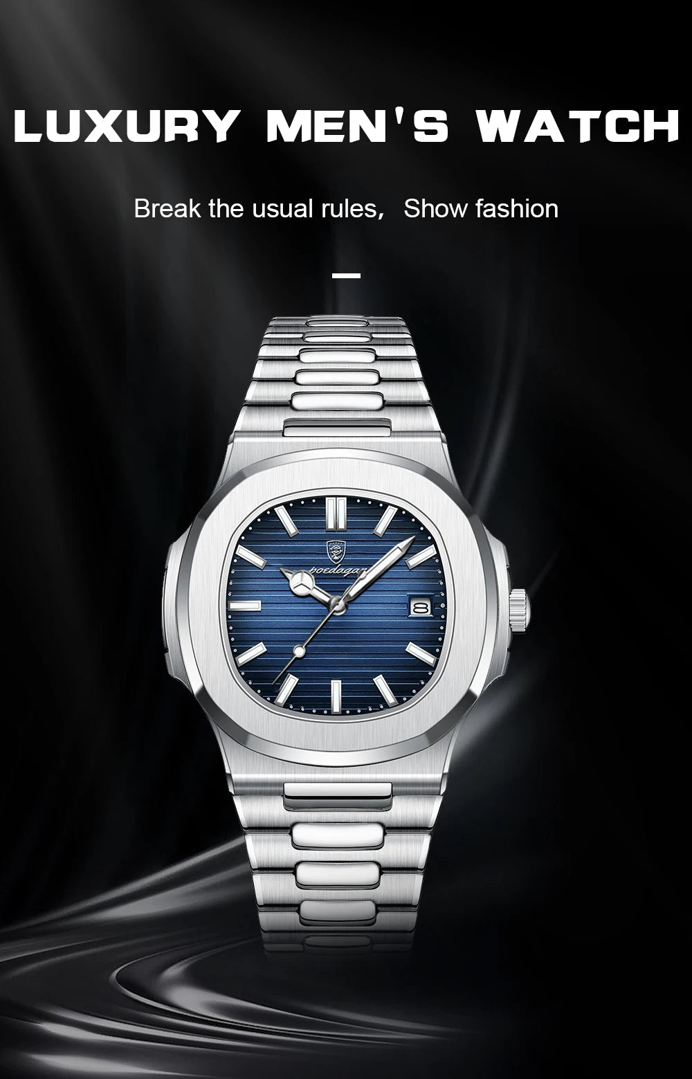 Square Business Watch – Luminous Numberless Dial with Hidden Clasp