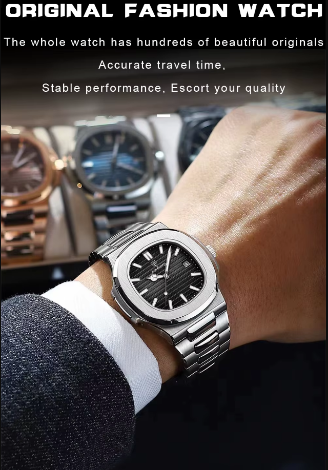 Men's Square Quartz Watch – Waterproof, Luminous, Date